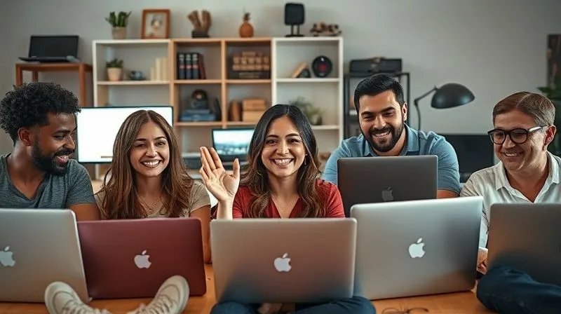A photorealistic image of a diverse group of remote freelancers, each with a laptop, smiling and making eye contact with their webcams, indicating strong virtual connection and camaraderie. One person is gesturing as if presenting an idea, others are nodding. The background shows various home office setups, but the overall impression is one of shared purpose and positive energy. Cinematic lighting, sharp focus, depth of field, 8K, professional photography, shot on a high-end DSLR.