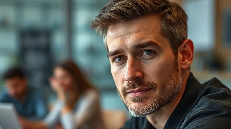 A photorealistic image of a calm, confident, and empathetic team leader (male or female, diverse) looking directly at the viewer as if in a virtual meeting, with a subtle aura of connection to multiple remote team members shown as blurred figures or icons in the background. The leader's expression conveys understanding and strategic thought. Cinematic lighting, sharp focus on the leader's face, depth of field, 8K, professional photography, shot on a high-end DSLR.