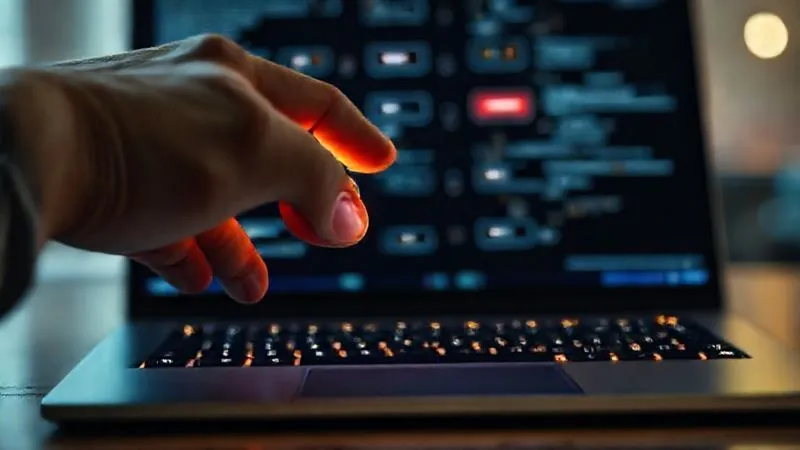A photorealistic close-up of a hand hovering over a glowing, clear call-to-action button on a laptop screen, contrasting with a blurred, confusing array of smaller, less prominent buttons in the background, cinematic lighting, sharp focus on the prominent CTA, 8K hyper-detailed.