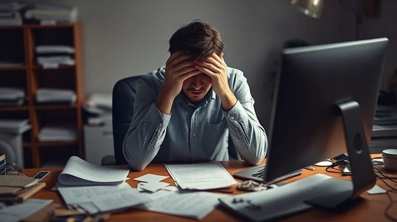 A photorealistic image of a lone freelancer sitting at a desk, head in hands, looking stressed and overwhelmed by scattered papers and a dim computer screen, symbolizing the struggle without clear direction. Cinematic lighting, sharp focus on the freelancer, depth of field blurring the chaotic background, 8K hyper-detailed, professional photography, shot on a high-end DSLR.