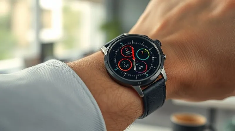 A photorealistic close-up of a stylish, modern watch on a freelancer's wrist, with the watch face displaying various productivity metrics like 'Tasks Completed', 'Focus Time', and 'Meeting Duration'. The background is a softly blurred, bright office, emphasizing efficient time management. Cinematic lighting, sharp focus on the watch, depth of field, 8K hyper-detailed, professional photography, shot on a high-end DSLR.
