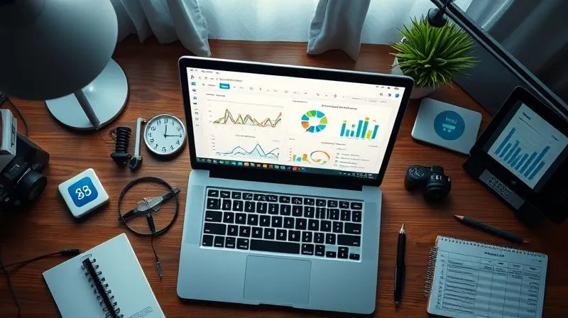 A photorealistic bird's-eye view of a modern freelancer's desk, showcasing an open laptop with a dashboard displaying various KPIs (charts, graphs, numbers). Surrounding the laptop are neatly organized productivity tools like a time tracker app icon, a project management software logo, and a financial spreadsheet, all in a sleek, digital aesthetic. Cinematic lighting, sharp focus on the screen, depth of field, 8K hyper-detailed, professional photography, shot on a high-end DSLR.