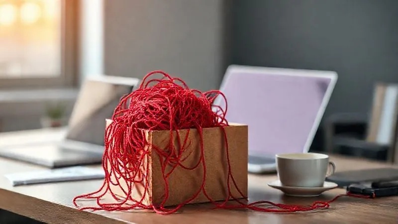 A photorealistic image of a tangled ball of red yarn spilling out of a neatly organized project box, symbolizing uncontrolled project scope. The background shows a modern, minimalist desk with a laptop and a coffee cup, cinematic lighting, sharp focus on the yarn, depth of field blurring the background, professional photography, 8K hyper-detailed, shot on a high-end DSLR.