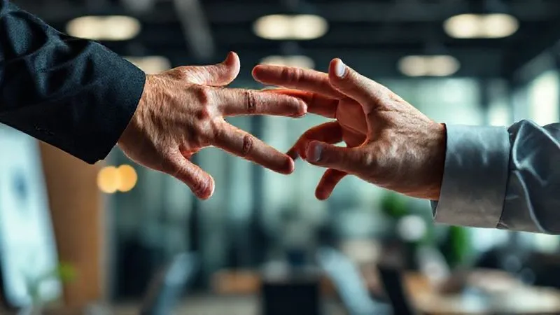 A photorealistic image of two hands, one gently pushing back against the other, symbolizing setting boundaries and saying 'no' respectfully. The background is a blurred office setting, cinematic lighting, sharp focus on the hands, depth of field blurring the background, professional photography, 8K hyper-detailed, shot on a high-end DSLR.