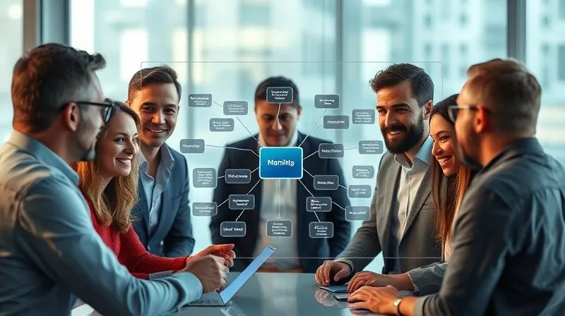 A photorealistic image of a diverse group of professionals collaborating around a futuristic transparent screen, displaying a mind map of market trends, customer pain points, and emerging technologies. Cinematic lighting, sharp focus on the screen and faces, depth of field, 8K hyper-detailed, shot on a high-end DSLR.