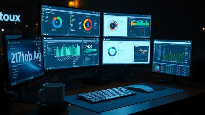 A photorealistic image of a freelancer's desk at night, illuminated by the glow of multiple screens displaying various automation tools and dashboards. The atmosphere is calm and efficient, with a cup of coffee and a notebook nearby. Cinematic lighting, sharp focus on the screens and keyboard, depth of field, 8K hyper-detailed, shot on a high-end DSLR.