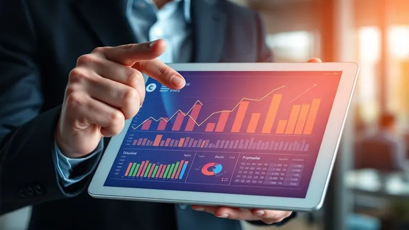A photorealistic image of a professional displaying a vibrant, clear dashboard on a tablet, showcasing key performance indicators (KPIs) like conversion rates, revenue growth, and user engagement with upward trending graphs. The person's hand is pointing to a significant positive change. Cinematic lighting, sharp focus on the data, depth of field blurring the background, 8K hyper-detailed, professional photography, shot on a high-end DSLR.