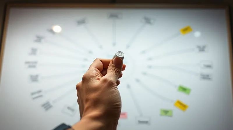 A photorealistic and professional image of a mind map or flowchart, hand-drawn on a whiteboard with colorful markers, detailing a complex workflow with arrows and distinct phases. The map is clear and organized, with a freelancer's hand holding a marker in the foreground, cinematic lighting, sharp focus, depth of field, 8K, shot on a high-end DSLR.