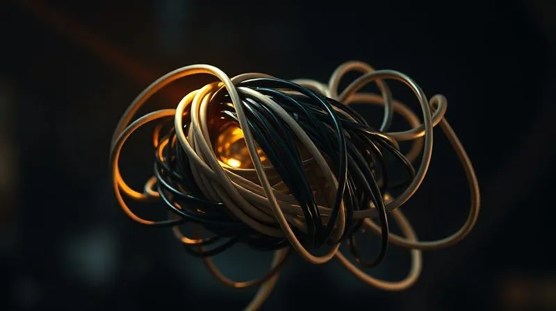 A photorealistic image of a tangled mess of digital cables and wires forming a complex knot, illuminated by a single, focused beam of light trying to untangle it. The background is blurred, suggesting a challenging problem. Cinematic lighting, sharp focus on the knot, depth of field, 8K, professional photography, shot on a high-end DSLR.