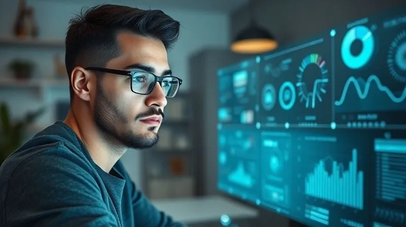 A photorealistic image of a freelancer, focused and confident, looking at a holographic dashboard displaying interconnected digital tools and metrics, with glowing lines representing data flow. The background is a modern, minimalist home office. Cinematic lighting, sharp focus on the freelancer and the dashboard, depth of field, 8K, professional photography, shot on a high-end DSLR.