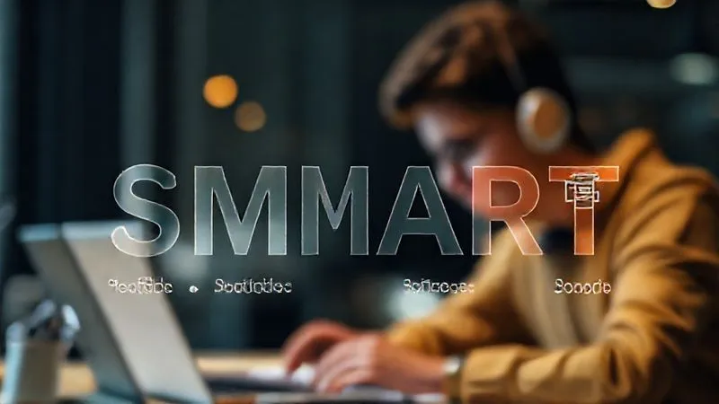 A photorealistic infographic showing the SMART acronym (Specific, Measurable, Achievable, Relevant, Time-bound) with clear, concise icons and text for each letter, set against a blurred background of a focused freelancer working. Professional design, 8K, cinematic lighting, sharp focus on the infographic, depth of field. No text in the image itself, only for the AI to render the concept.
