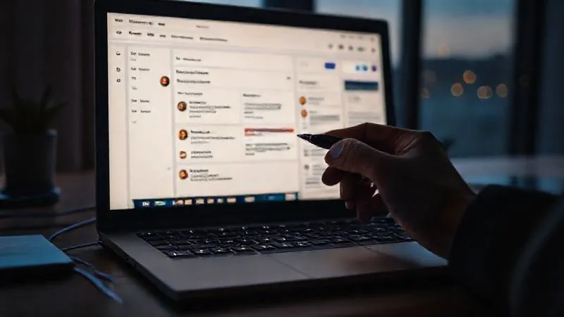 A photorealistic image of a freelancer's desk at dusk, with a laptop displaying a project management tool (like Trello or Asana) showing clear, organized SMART goals and tasks. A hand is holding a pen, marking off a completed item. Cinematic lighting, sharp focus on the screen and hand, depth of field blurring the background. 8K hyper-detailed, professional photography, shot on a high-end DSLR.