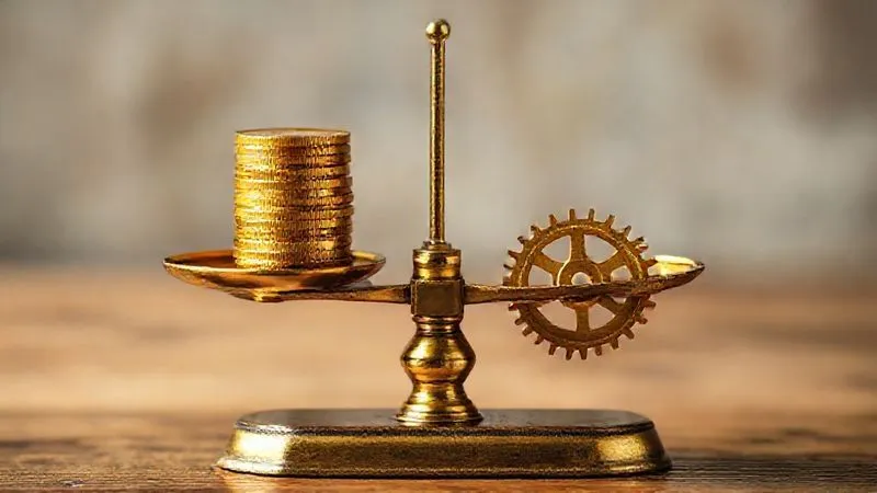 A photorealistic image of a vintage brass balance scale, with one pan heavily weighted down by a stack of gold coins representing 'Price', and the other pan, significantly lower, holding a single, glowing, intricate golden gear representing 'Value'. The gear emits a soft, warm light, making it appear more significant despite its size. Cinematic lighting, sharp focus on the scale, depth of field blurring the background, 8K hyper-detailed, shot on a high-end DSLR.