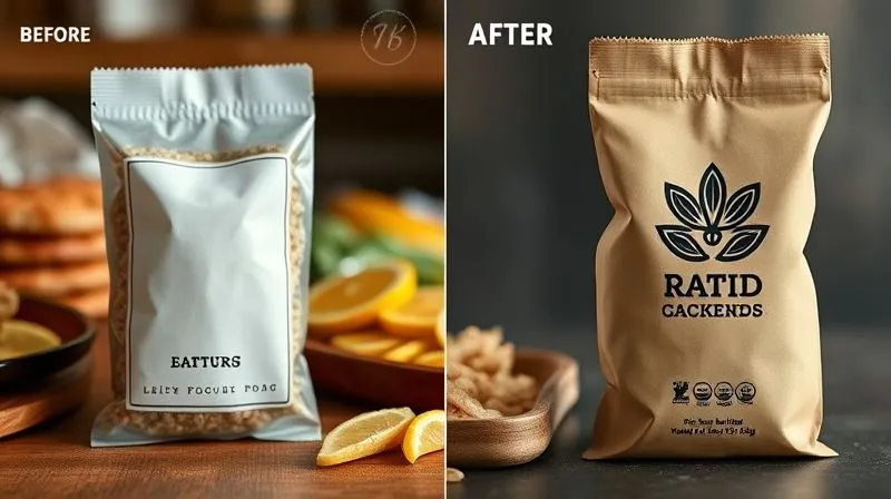 Photorealistic, professional photography, 8K, cinematic lighting, sharp focus, depth of field, shot on a high-end DSLR. A before-and-after image split. On the left, a generic, uninspired food product packaging with a bland logo. On the right, the same product with a sophisticated, earthy, and authentic brand identity, featuring a beautifully designed logo and premium packaging. The transformation is clear, showing significant perceived value increase.