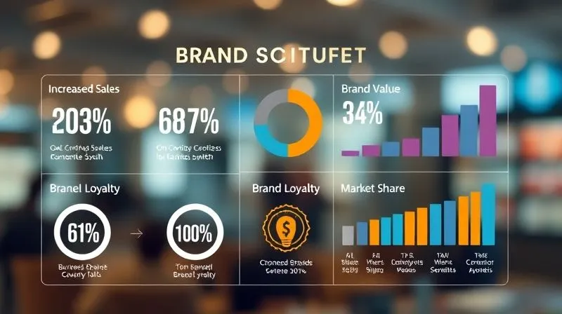 Photorealistic, professional photography, 8K, cinematic lighting, sharp focus, depth of field, shot on a high-end DSLR. A professional-looking infographic displaying key statistics about brand value and ROI. Charts and numbers are clean, modern, and easy to understand. The overall impression is one of data-driven insight and credibility, with a focus on business growth. Elements like 'Increased Sales', 'Brand Loyalty', and 'Market Share' are subtly integrated.