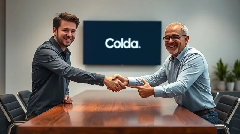 Photorealistic, professional photography, 8K, cinematic lighting, sharp focus, depth of field, shot on a high-end DSLR. Two professionals, a designer and a client, are shaking hands across a polished modern desk, both smiling genuinely. The background shows a subtle, well-designed brand identity on a wall monitor, suggesting a successful long-term partnership and continued collaboration. The mood is positive, forward-looking, and professional.