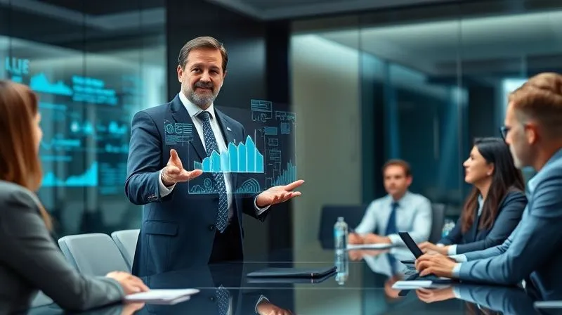 A photorealistic image of a confident, professional consultant presenting complex data on a holographic display to attentive executives in a modern, sleek boardroom. The consultant exudes authority and expertise. Cinematic lighting, sharp focus on the figures and the display, depth of field blurring the background, 8K, professional photography.