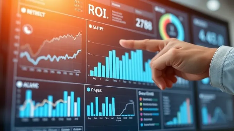 A photorealistic image of a sophisticated financial dashboard displaying various metrics and growth charts, with a hand pointing to a section indicating significant ROI. The scene is clean, modern, and professional, bathed in soft, inviting light. Sharp focus on the dashboard, depth of field blurring the background, 8K, professional photography.