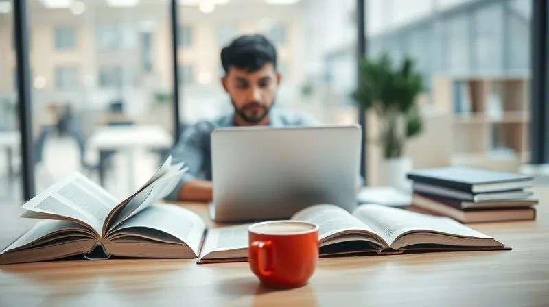 A photorealistic image of a person at a modern desk, surrounded by open books, a laptop displaying a complex graph, and a cup of coffee. The setting is bright and inspiring, symbolizing continuous learning and professional growth. Cinematic lighting, sharp focus on the person and the learning materials, depth of field blurring the background, 8K, professional photography.