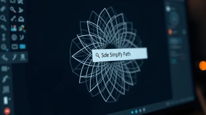 A photorealistic close-up of a designer's screen showing a complex vector graphic in Adobe Illustrator, with an overlay highlighting a section of dense anchor points. A cursor is positioned over the 'Simplify Path' menu option. The lighting is focused and precise, emphasizing the technical aspect of vector optimization. 8K hyper-detailed, sharp focus on the screen, depth of field blurring the background, shot on a high-end DSLR.