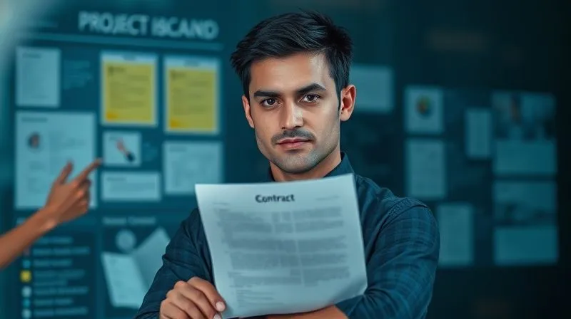 A photorealistic image of a professional freelancer, looking determined but calm, standing firm against a subtly blurring background where hands are trying to add more tasks to a virtual project board. The freelancer's hand is gently but firmly holding a contract document, with a strong focus on their composed expression. Cinematic lighting, sharp focus on the freelancer, depth of field blurring the background, 8K hyper-detailed, shot on a high-end DSLR.