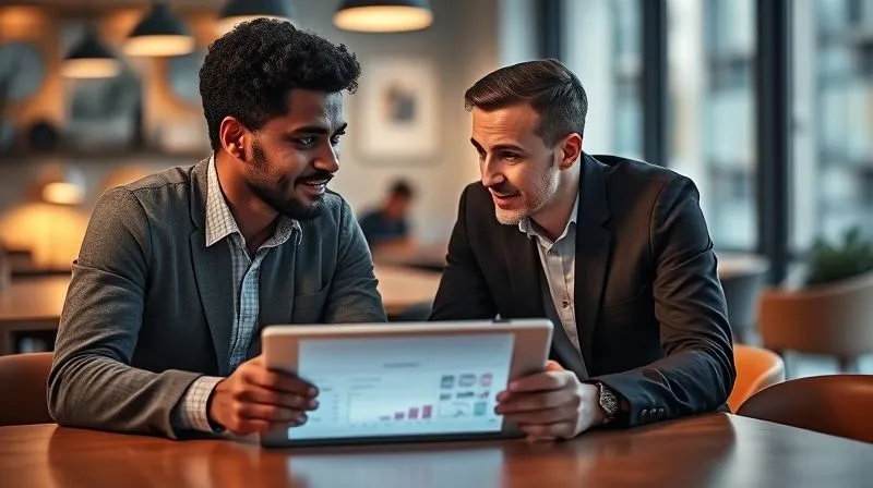A photorealistic image of two diverse professionals, a freelancer and a client, engaged in a focused discussion around a table with a tablet displaying a project plan. They are making eye contact, showing mutual understanding and clear communication. Cinematic lighting, sharp focus on their expressions and the tablet, depth of field blurring the background, 8K hyper-detailed, shot on a high-end DSLR.