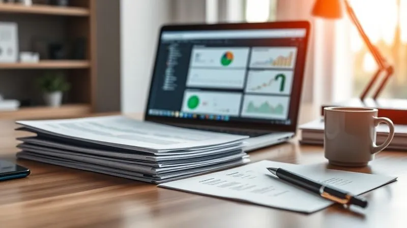 A photorealistic image of a professional desk setup with a laptop showing project management software, a neatly organized stack of documents, a pen, and a coffee cup. The overall scene conveys organization, attention to detail, and a structured approach to work. Cinematic lighting, sharp focus on the documents and screen, depth of field blurring the background, 8K hyper-detailed, shot on a high-end DSLR.