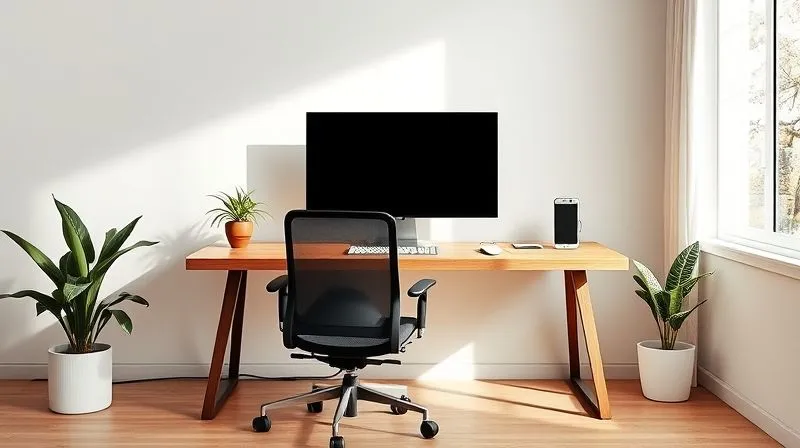 A photorealistic image of a minimalist, ergonomic home office setup. A clean wooden desk with a large monitor, an ergonomic chair, a small green plant, and soft, natural light coming from a window. The focus is on functionality and calm. Professional photography, 8K, cinematic lighting, sharp focus, depth of field, shot on a high-end DSLR.