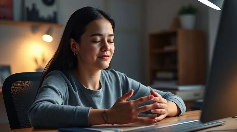 A photorealistic image of a person, gender-neutral, taking a brief mindfulness break at their home office desk. Their eyes are gently closed, hands resting calmly on the desk, with soft light illuminating their serene face. A subtle glow around them suggests inner peace. Professional photography, 8K, cinematic lighting, sharp focus on the person, depth of field, shot on a high-end DSLR.
