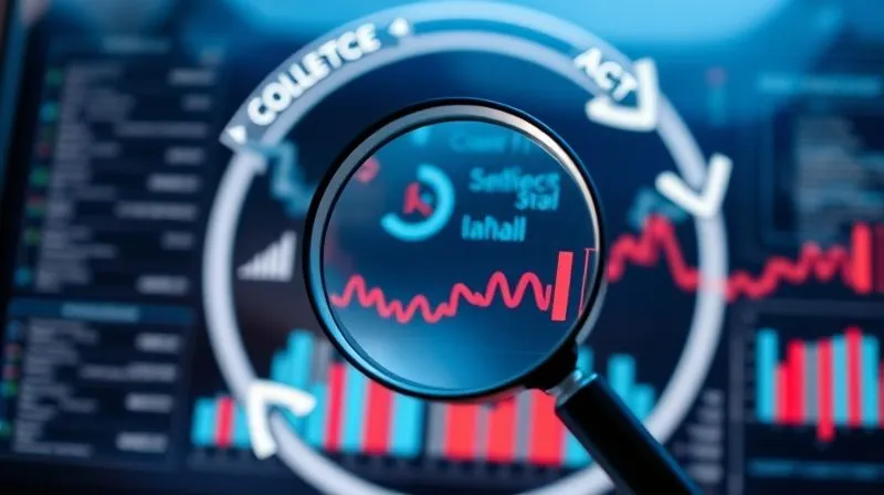 photorealistic, professional photography, 8K, cinematic lighting, sharp focus, depth of field, shot on a high-end DSLR. A clear, glowing infographic showing a circular flow of 'Collect, Analyze, Act, Test, Adjust' arrows, symbolizing a continuous feedback loop. In the center, a magnifying glass hovers over a data dashboard with various charts and graphs, representing analysis and optimization. The overall scene is clean, modern, and data-driven.