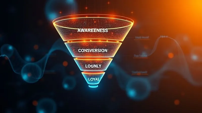 photorealistic, professional photography, 8K, cinematic lighting, sharp focus, depth of field, shot on a high-end DSLR. A visually striking, glowing digital sales funnel diagram, with distinct layers representing awareness, consideration, conversion, and loyalty. The funnel is set against a backdrop of flowing data streams and subtle user avatars, emphasizing the customer journey. The lighting is dynamic, highlighting the flow and progression.