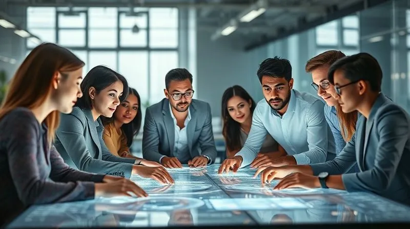 photorealistic, professional photography, 8K, cinematic lighting, sharp focus, depth of field, shot on a high-end DSLR. A diverse group of professionals collaborating harmoniously around a large, illuminated digital table in a modern, open-plan office. Their faces show engagement and teamwork, with subtle glows emanating from their shared screens. The focus is on their interaction and the synergy of their efforts, symbolizing a strong and collaborative team culture.