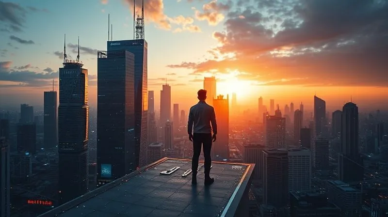 photorealistic, professional photography, 8K, cinematic lighting, sharp focus, depth of field, shot on a high-end DSLR. A dynamic, futuristic cityscape at dawn, with digital data streams flowing between towering, interconnected buildings. In the foreground, a lone, determined figure stands on a rooftop, looking out at the evolving landscape, symbolizing foresight, innovation, and adaptation in a rapidly changing digital world. The lighting is dramatic, with warm sunrise hues blending with cool digital blues.