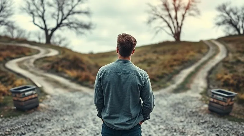A photorealistic image of a person standing at a crossroads, looking at two different digital paths, one old and winding, the other new, brightly lit, and straight. The person's expression is thoughtful and determined. Cinematic lighting, sharp focus on the person and paths, depth of field, 8K hyper-detailed, shot on a high-end DSLR.