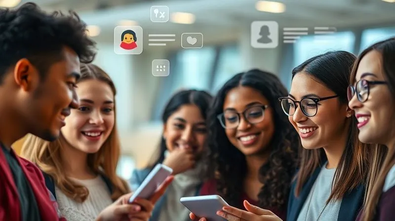 A photorealistic image of diverse students interacting with a clear, glowing communication interface, showing messages, emojis, and video calls, symbolizing transparent and effective communication. Cinematic lighting, sharp focus on the interface and students' engaged faces, depth of field, 8K hyper-detailed, shot on a high-end DSLR.