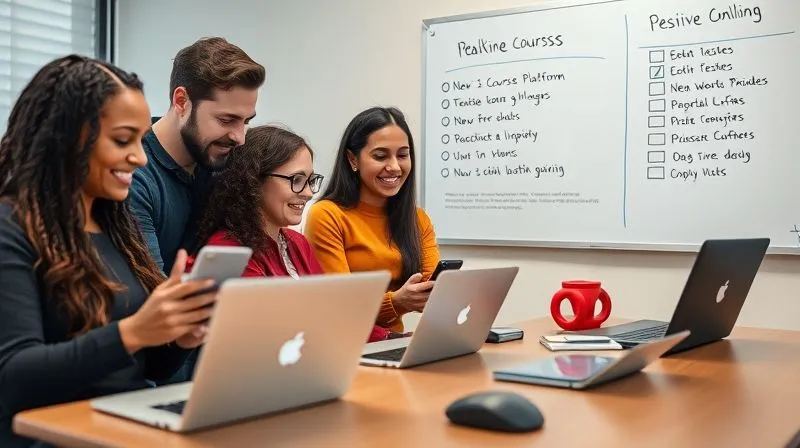 A photorealistic image of a diverse group of beta testers, smiling and focused, using various devices (laptops, tablets, smartphones) to navigate a new online course platform. A whiteboard in the background shows positive feedback and a checklist being completed. Cinematic lighting, sharp focus on the testers and their devices, depth of field, 8K hyper-detailed, shot on a high-end DSLR.