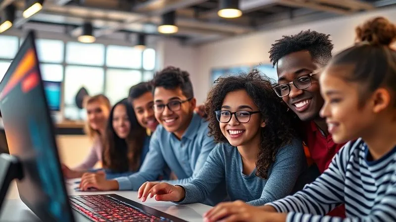 A photorealistic image of a diverse group of students collaborating and celebrating success within a vibrant, modern online learning environment, showing gamification elements and interactive content. Cinematic lighting, sharp focus on the students' joyful expressions and the digital interface, depth of field, 8K hyper-detailed, shot on a high-end DSLR.