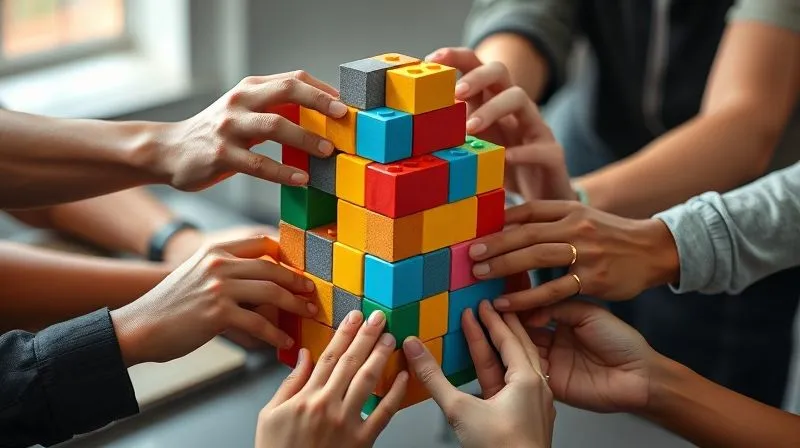 A photorealistic image of diverse hands (different ages, ethnicities) collaboratively building a complex structure with colorful, interlocking blocks, symbolizing the creation of a strong foundation from various small projects. Cinematic lighting, sharp focus on the hands and blocks, depth of field blurring the background. 8K hyper-detailed, professional photography, shot on a high-end DSLR.