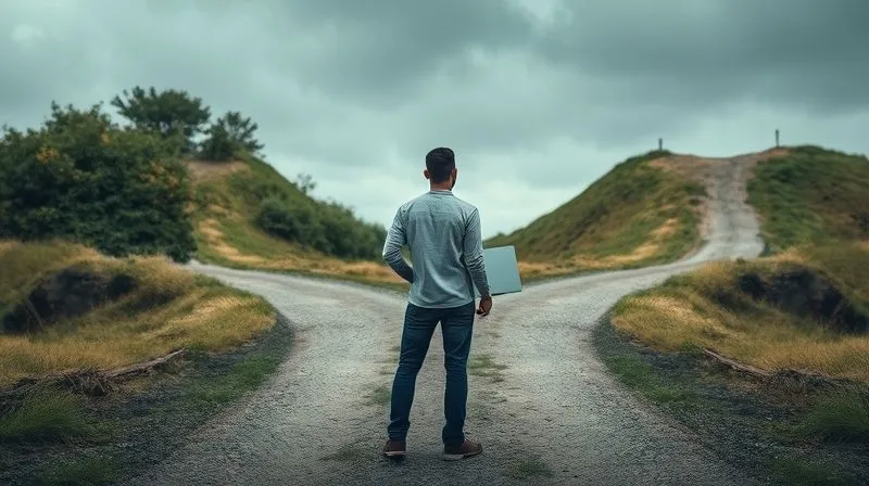 A photorealistic image of a person standing at a crossroads, looking at two different digital paths, one overgrown and difficult, the other smooth and modern. The person looks thoughtful, weighing options, with a laptop in hand. Cinematic lighting, sharp focus on the person, depth of field blurring the background, 8K hyper-detailed, professional photography, shot on a high-end DSLR.