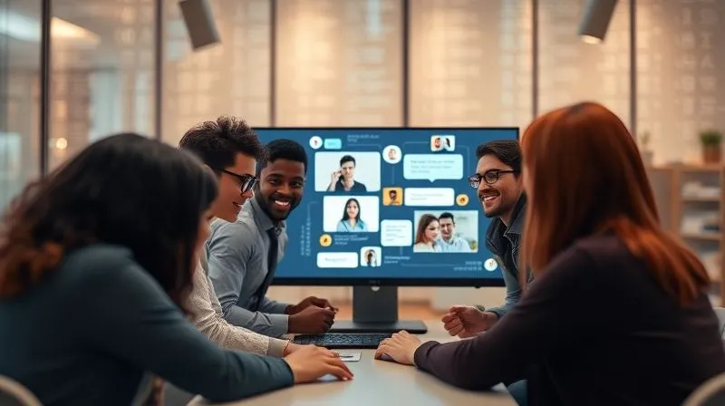 A photorealistic image of a diverse group of online students happily interacting on a sleek, modern digital interface, with speech bubbles and notification icons indicating active communication. The background is a soft, blurred glow of digital data. Cinematic lighting, sharp focus on the students and interface, depth of field blurring the background, 8K hyper-detailed, professional photography, shot on a high-end DSLR.
