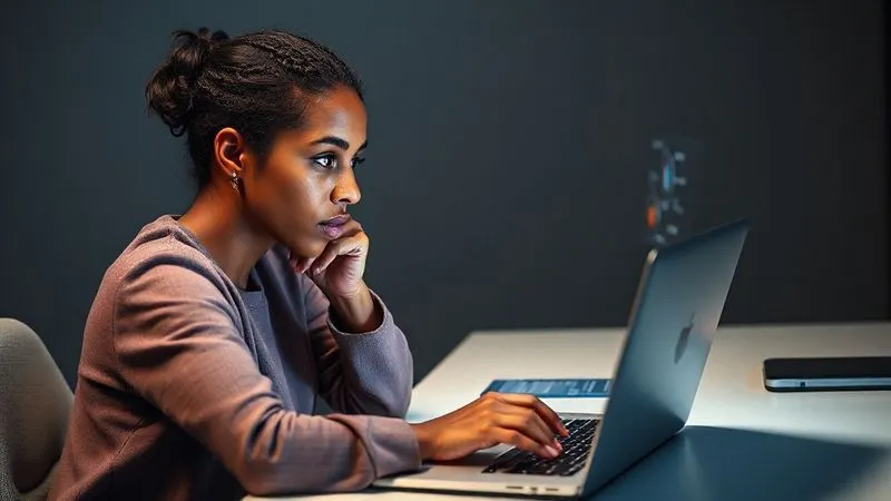 A photorealistic image of a thoughtful, focused freelancer, a diverse person (e.g., a woman of color), sitting at a minimalist desk with a laptop open. On the screen, there's a complex spreadsheet or a mind map illustrating skills, experience, and market research data. The freelancer is looking intently at the screen, with a slight furrow in their brow, symbolizing deep contemplation and self-assessment. Cinematic lighting, sharp focus on the freelancer's face and the screen, depth of field blurring the background, 8K hyper-detailed, shot on a high-end DSLR.