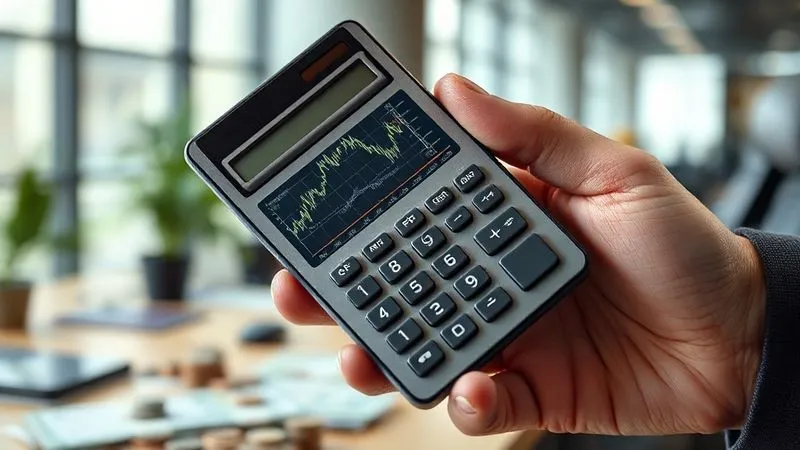 A photorealistic image of a hand holding a calculator with a complex financial graph on its screen, surrounded by various coins and banknotes, symbolizing the careful calculation and strategic pricing for freelance work. The background is a blurred, modern office environment. Cinematic lighting, sharp focus on the calculator and money, depth of field blurring the background, 8K hyper-detailed, shot on a high-end DSLR.