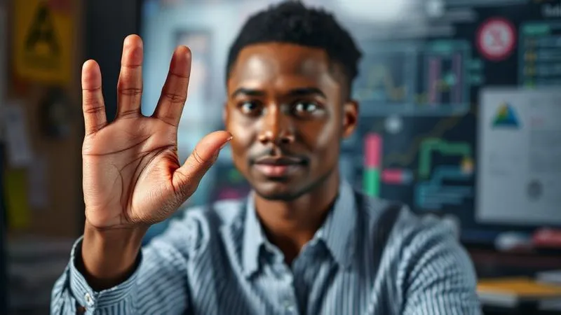 A photorealistic image of a freelancer (a person of color, calm demeanor) gently but firmly raising an open hand, signaling a polite 'stop' or 'no' to an unseen, overly demanding client. The freelancer's expression is composed, professional, and confident, not aggressive. The background is a slightly blurred, chaotic digital interface or a cluttered desk, symbolizing overwhelming demands. Cinematic lighting, sharp focus on the freelancer's hand and face, depth of field blurring the background, 8K hyper-detailed, shot on a high-end DSLR.