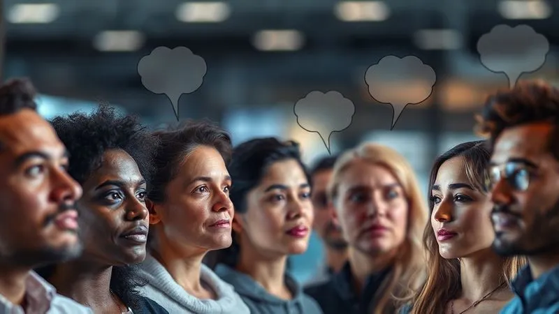 A photorealistic, professional photography image of a diverse group of people representing different customer personas, each with a thought bubble above their head showing their unique pain points and aspirations. Cinematic lighting highlights their faces, sharp focus on their expressions of contemplation and desire, depth of field blurring a background of an abstract digital marketplace. 8K hyper-detailed, shot on a high-end DSLR. The mood is empathetic and insightful.