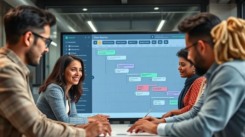 A photorealistic image of a team of diverse professionals collaborating around a digital Gantt chart on a large screen, with various resource icons (people, software licenses, equipment) clearly allocated to tasks. The screen shows green indicators for efficiency and on-budget status. Cinematic lighting, sharp focus on the team's engaged faces, depth of field blurring the modern office background. 8K hyper-detailed, shot on a high-end DSLR.