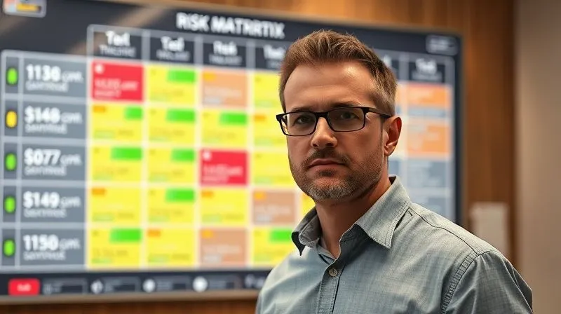 A photorealistic image of a project manager, looking determined, standing in front of a digital risk matrix displaying various threats and opportunities. The matrix uses a traffic light system (red for high risk, green for low risk), with a clear focus on financial impact. Cinematic lighting, sharp focus on the manager and the matrix, depth of field blurring the background of a controlled, organized workspace. 8K hyper-detailed, shot on a high-end DSLR.