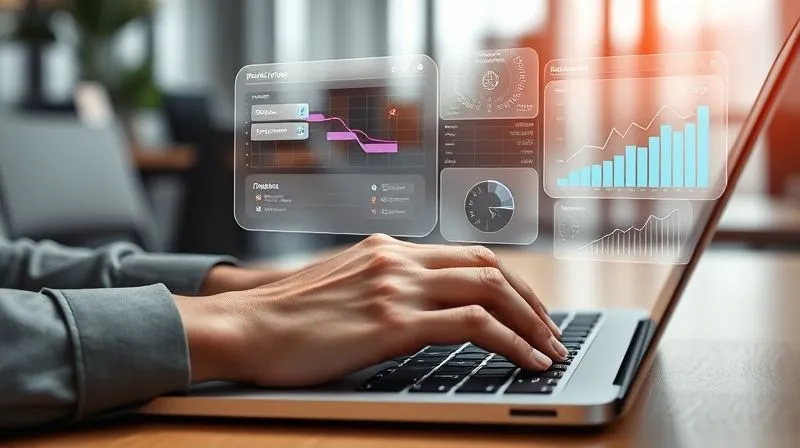 A photorealistic image of a project manager's hands typing on a sleek laptop keyboard, with a holographic interface projected above showing various project management tool dashboards: a Gantt chart, a kanban board, and a financial tracking graph, all seamlessly integrated and displaying positive metrics. Cinematic lighting, sharp focus on the hands and the holographic display, depth of field blurring the modern, minimalist office background. 8K hyper-detailed, shot on a high-end DSLR.