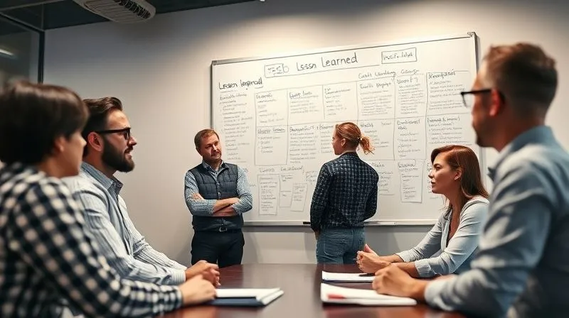 A photorealistic image of a diverse team of project managers and developers engaged in a post-project review meeting, with a whiteboard filled with 'lessons learned' notes and action items. The atmosphere is collaborative and forward-looking, with a clear focus on continuous improvement. Cinematic lighting, sharp focus on the team's interaction, depth of field blurring the modern meeting room. 8K hyper-detailed, shot on a high-end DSLR.