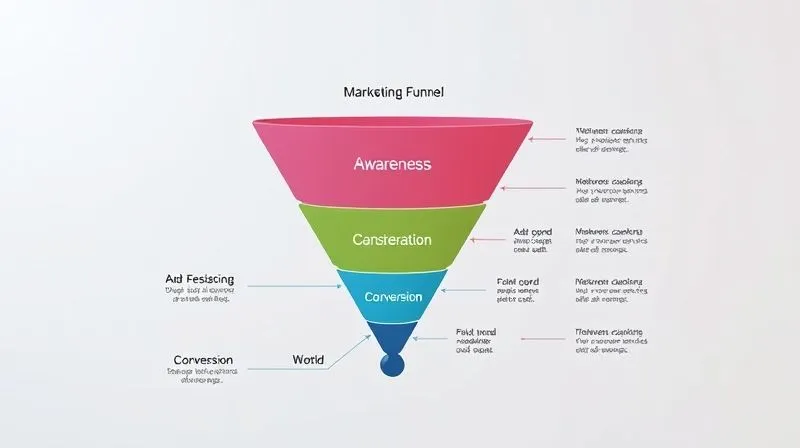 A photorealistic diagram showing a three-stage marketing funnel (Awareness, Consideration, Conversion) with different types of ads depicted at each stage, flowing downwards. Professional photography, 8K, cinematic lighting, sharp focus, depth of field, shot on a high-end DSLR.