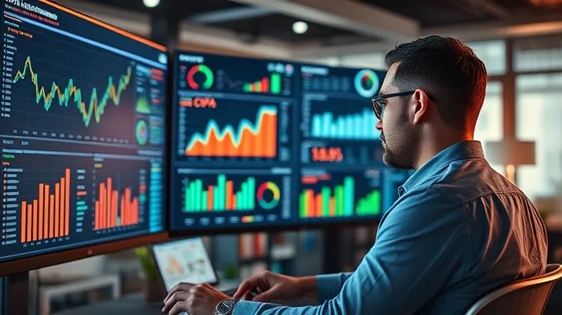 A photorealistic e-commerce professional analyzing multiple data dashboards on large monitors, with graphs and charts showing sales, ROAS, and CPA. Cinematic lighting, sharp focus on the data, depth of field blurring the background office. Professional photography, 8K, shot on a high-end DSLR.